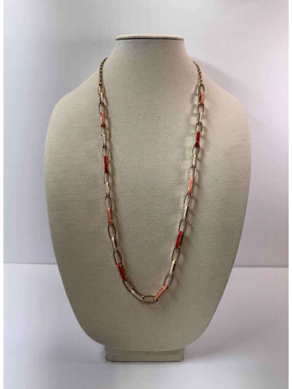 Signed Banana Republic Enamel Paperclip Chain Necklace Gold Red Coral Pink White